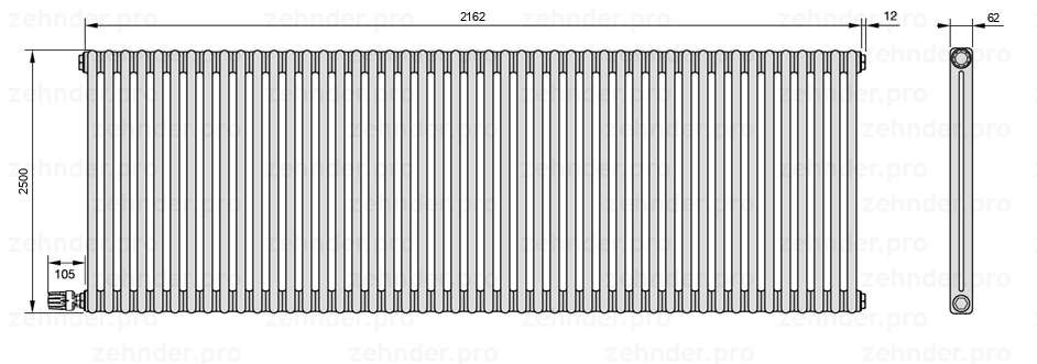 Схема (чертеж) Радиатор Zehnder Charleston 2250/47 №V004 Белый глянцевый RAL 9016